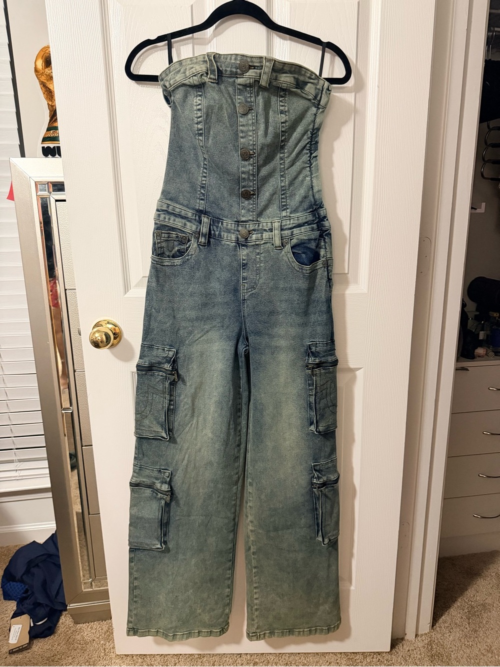 True Religion Washed Blue Strapless Cargo Jeans Jumpsuit